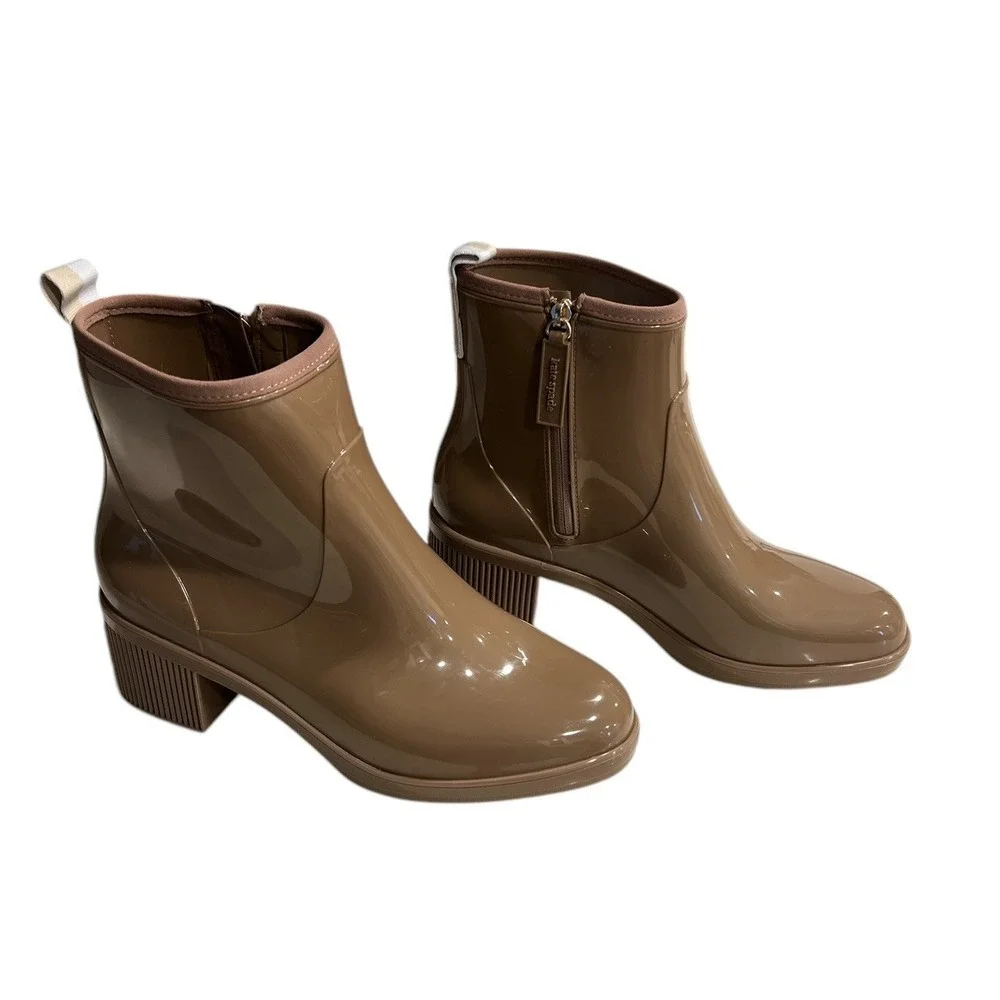 KATE SPADE NEW YORK Womens Beige Back Pull-Tab Puddle Block Heel Rain Boots‎ 11
